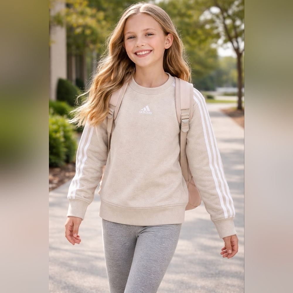 Adidas Girls Heather Fleece Crewneck Sweatshirt Beige 3-Stripe NWT S (7–8)